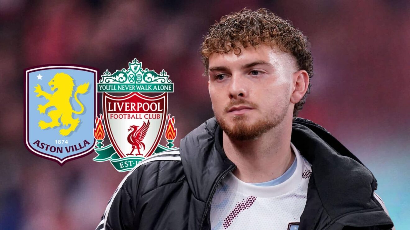 Aston Villa loanee Harvey Elliott next to the badges of Liverpool and Aston Villa