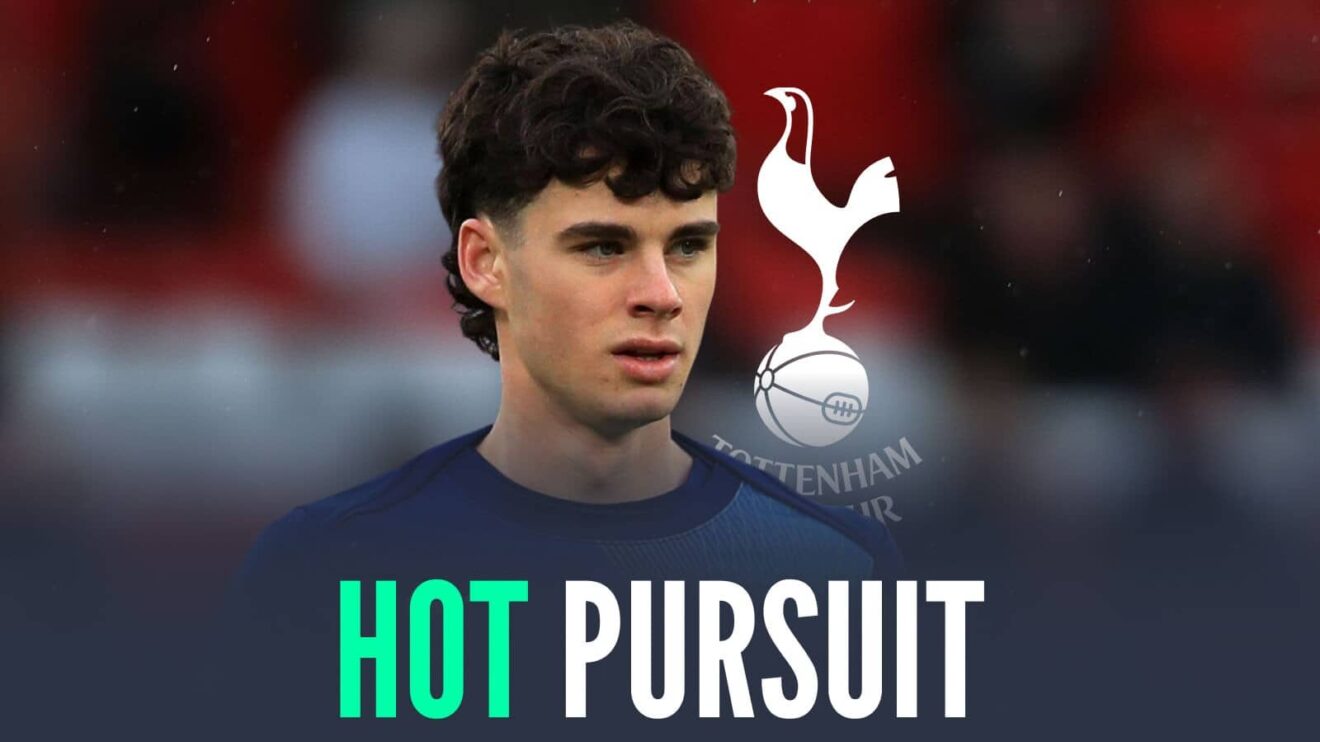 Tottenham star Archie Gray next to the Tottenham Hotspur badge and the words 'hot pursuit'