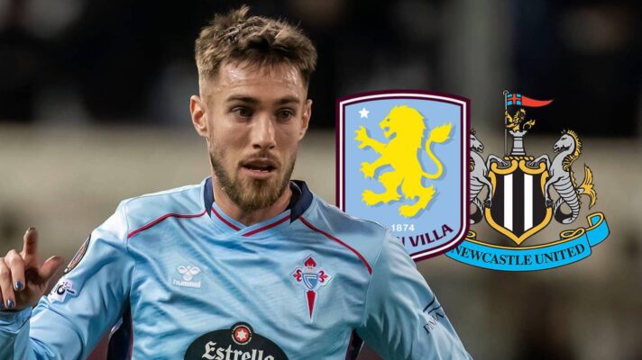 Celta Vigo star Oscar Mingueza next to the club badges of Aston Villa and Newcastle United