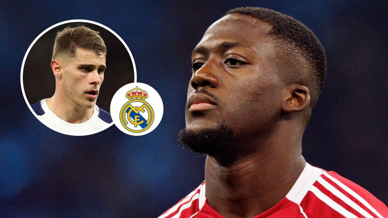 Tottenham Hotspur defender Micky van de Ven, Real Madrid badge and Liverpool defender Ibrahima Konate