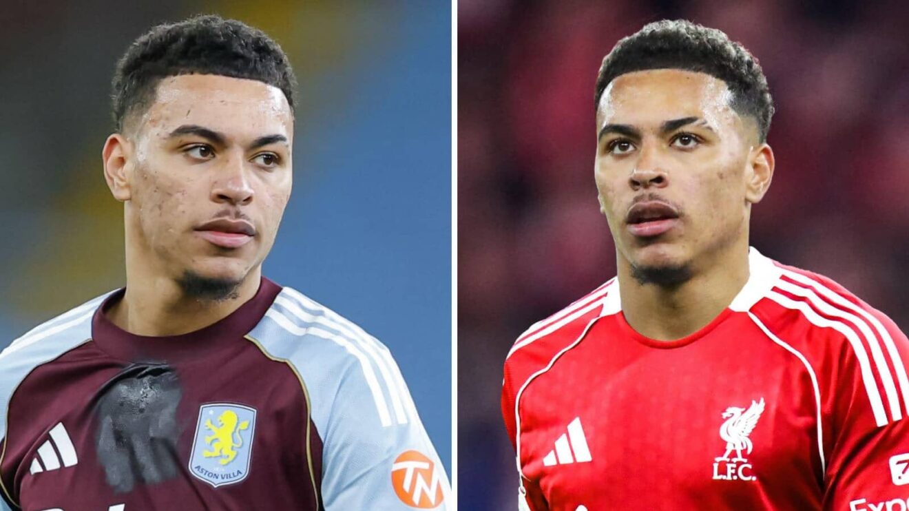 Morgan Rogers of Aston Villa and the same player with a Liverpool shirt Photoshopped on him amid links to Anfield
