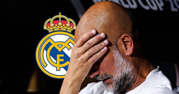 Man City manager Pep Guardiola, Real Madrid badge