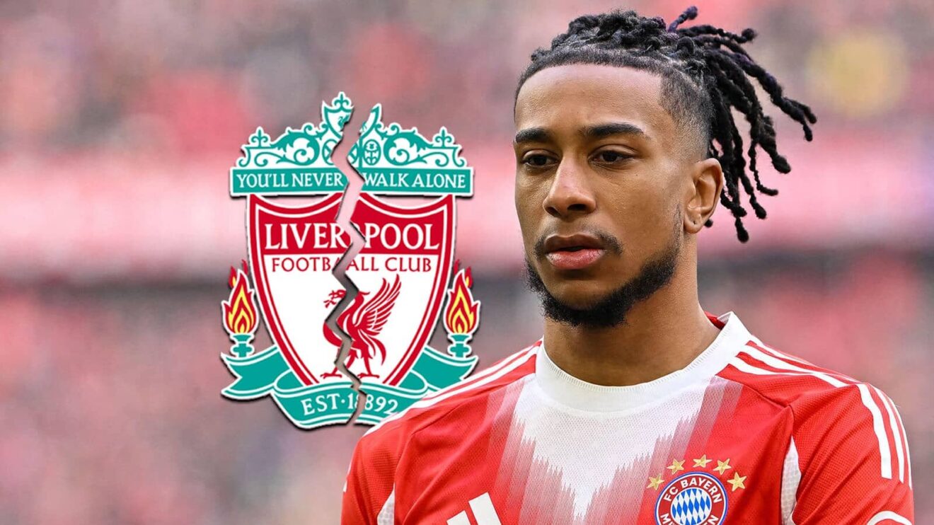 Bayern Munich star Michael Olise with a cracked Liverpool badge