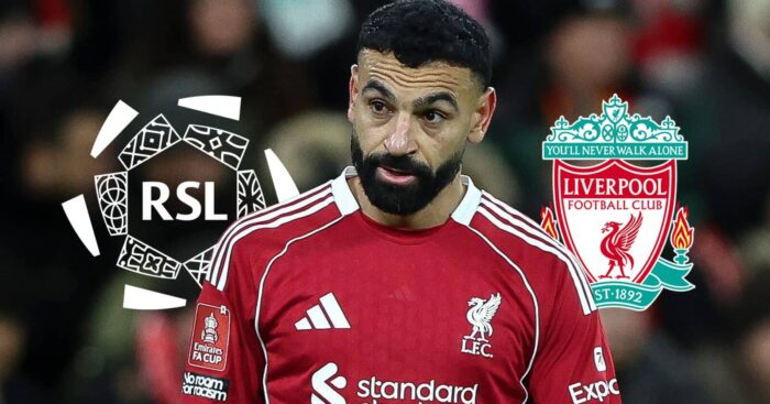 Liverpool star Mohamed Salah next to the Saudi Pro League badge and the Liverpool FC club crest