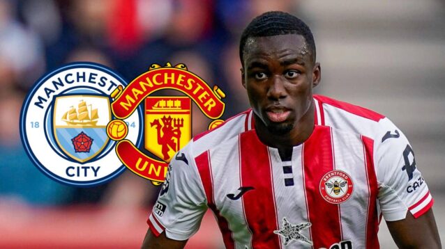 Brighton star Michael Kayode with Manchester City and Manchester United badges