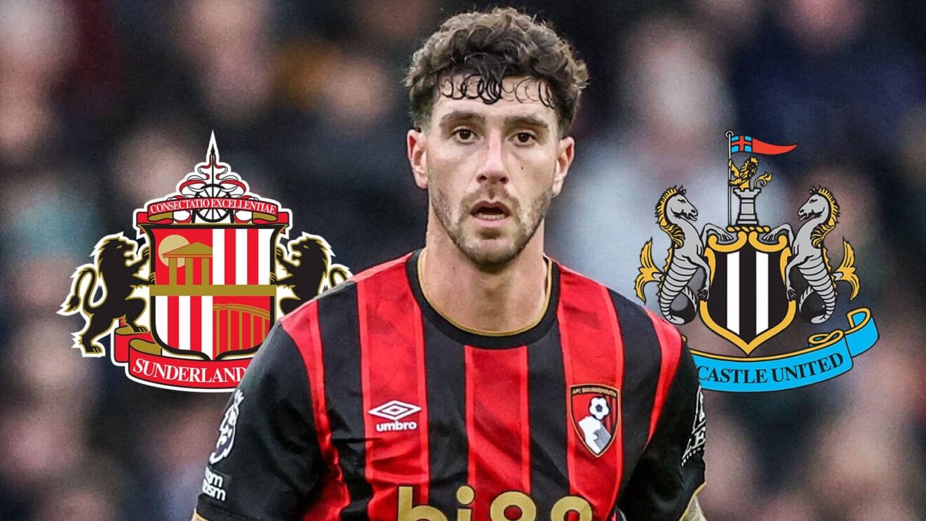 Sunderland badge, Bournemouth defender Marcos Senesi and Newcastle United badge - copyright TEAMtalk