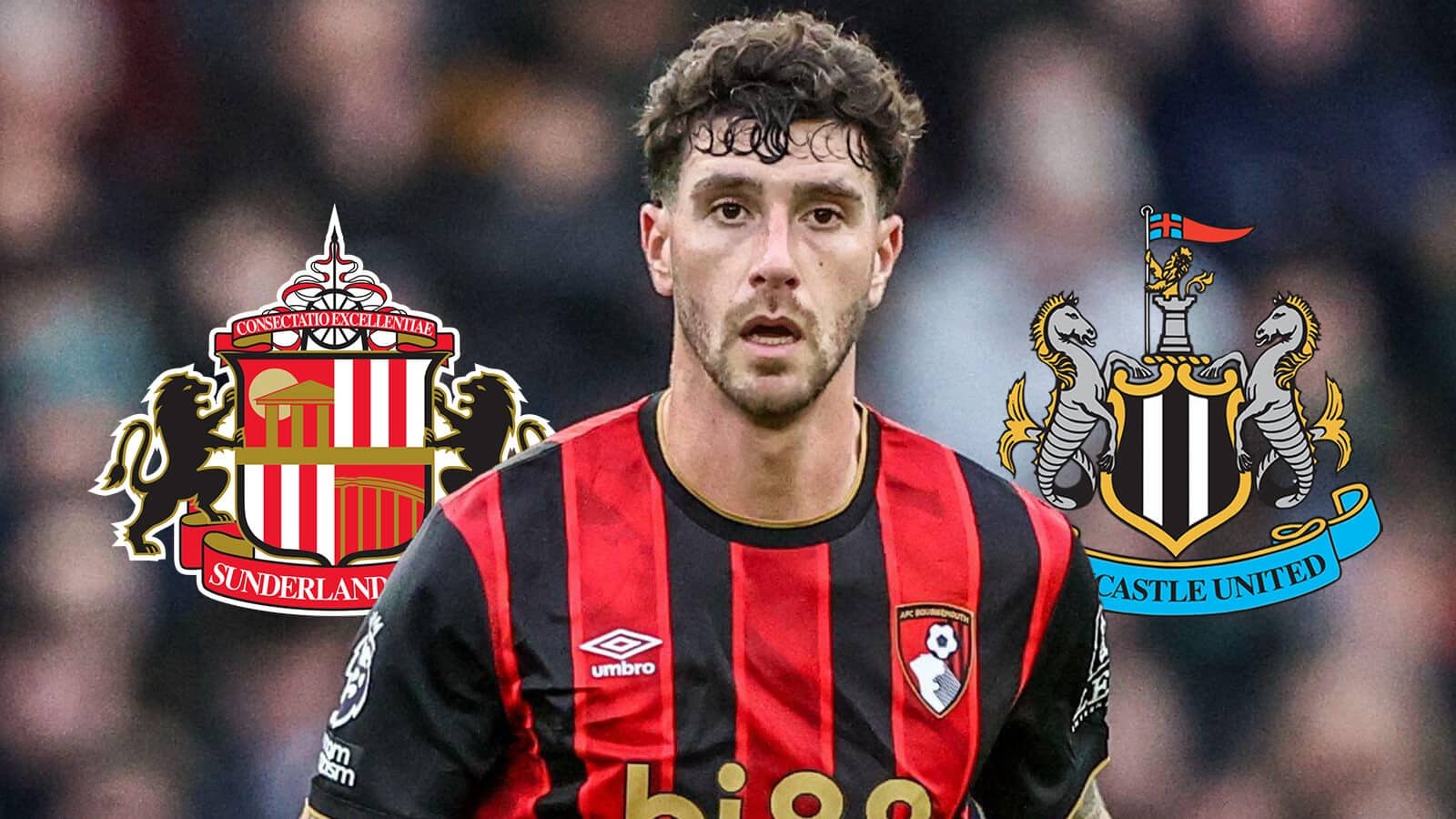 Sunderland badge, Bournemouth defender Marcos Senesi and Newcastle United badge - copyright TEAMtalk