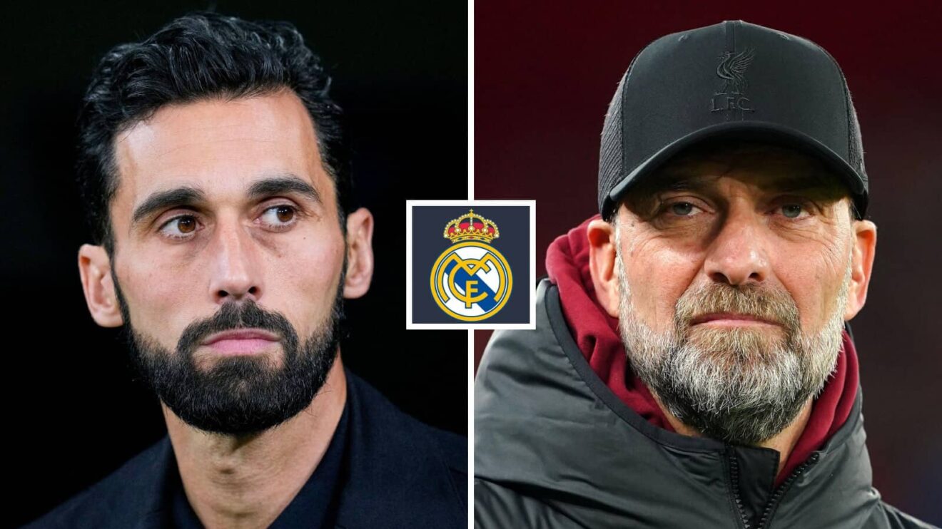 Alvaro Arbeloa and Jurgen Klopp either side of the Real Madrid badge