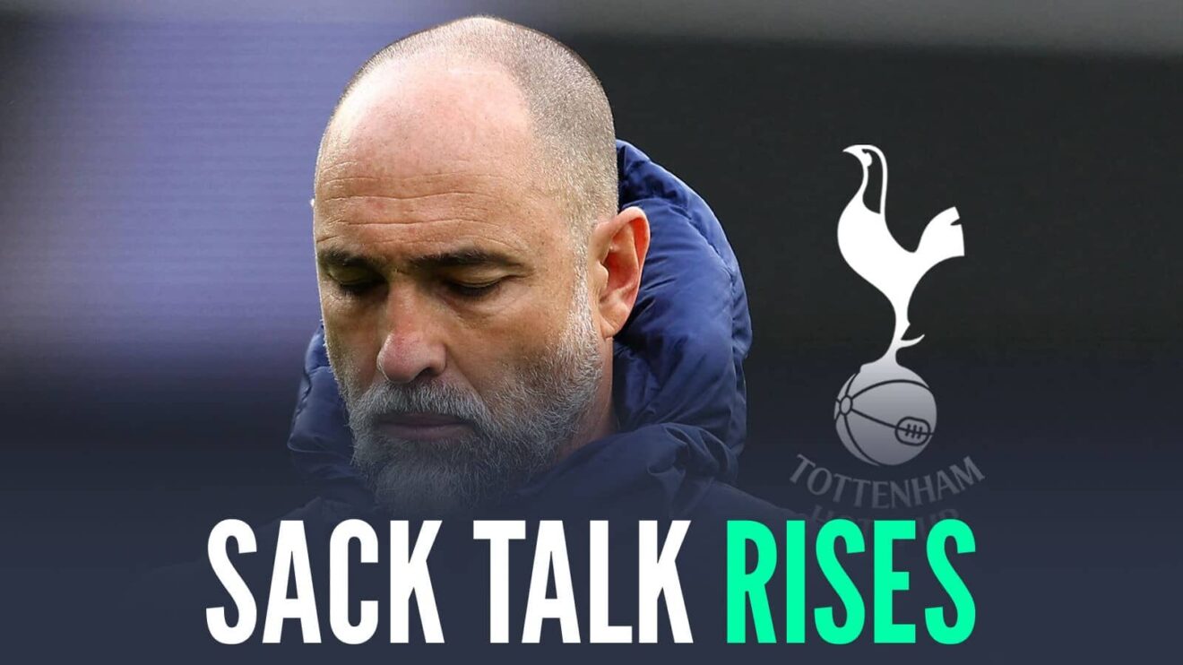 Interim coach Igor Tudor next to the Tottenham Hotspur badge and the words 'sack talk rises'