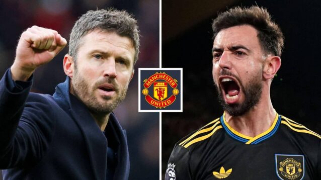 Michael Carrick and Bruno Fernandes next to the Manchester United badge