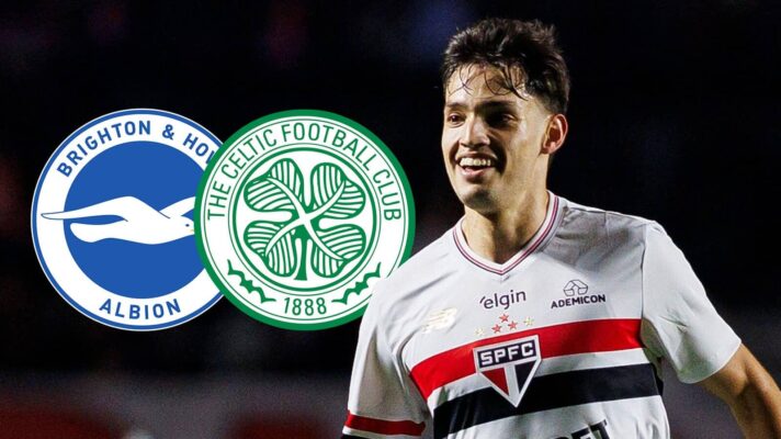 Sao Paulo star Damian Bobadilla next to the Brighton and Celtic badges