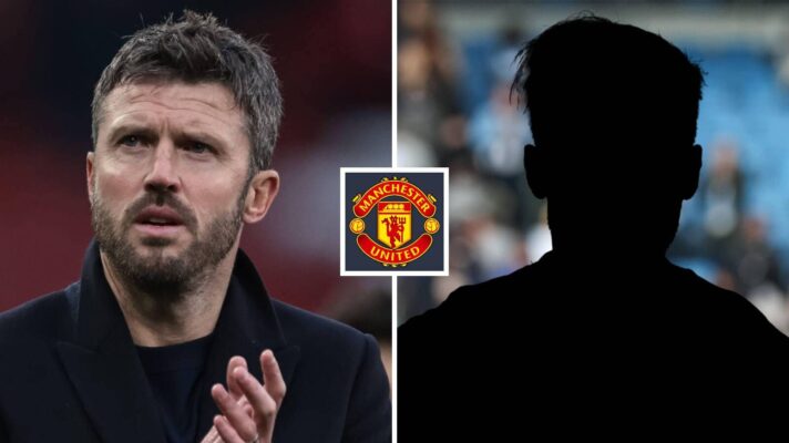 Split image of Michael Carrick and a shadow with the Manchester United badge in between - copyright TEAMtalk