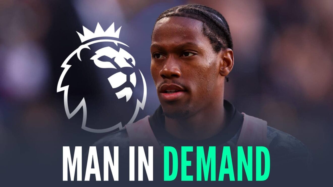 Juventus striker Jonathan David next to the Premier League badge and with the words 'man in demand'