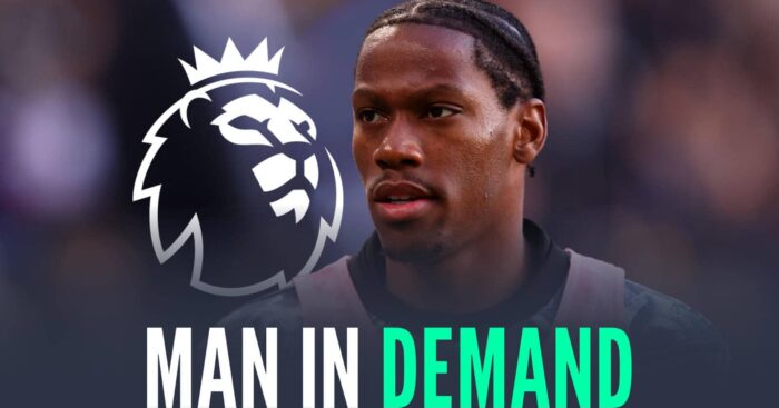 Juventus striker Jonathan David next to the Premier League badge and with the words 'man in demand'
