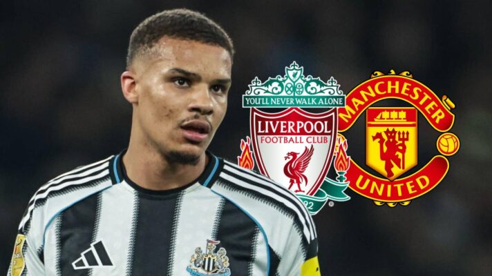 Newcastle star Malick Thiaw with Liverpool and Manchester United badges