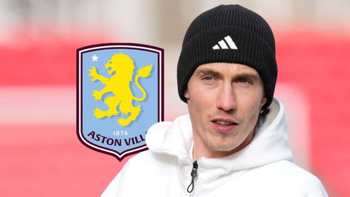 Fulham star Harry Wilson with an Aston Villa badge