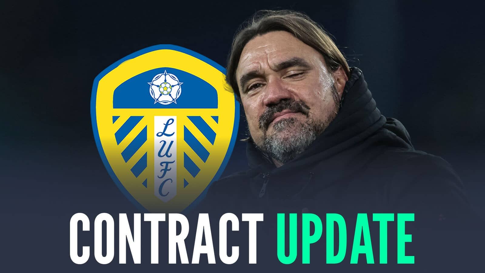 Leeds manager Daniel Farke next to the club badge and the words 'contract update'