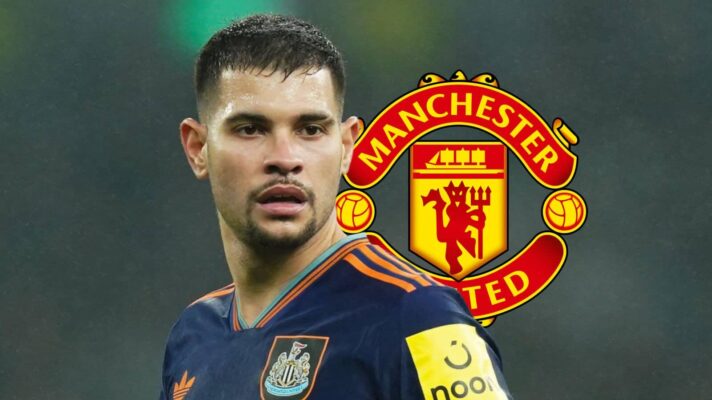 Newcastle star Bruno Guimaraes with a Manchester United badge