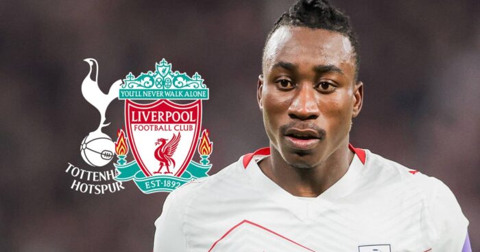 RB Leipzig star Yan Diomande with Tottenham and Liverpool badges