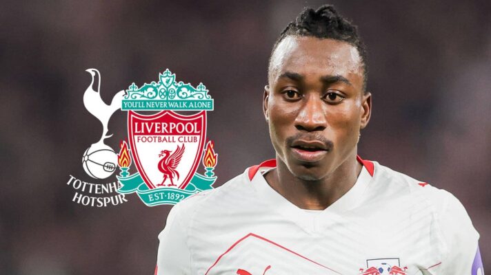 RB Leipzig star Yan Diomande with Tottenham and Liverpool badges