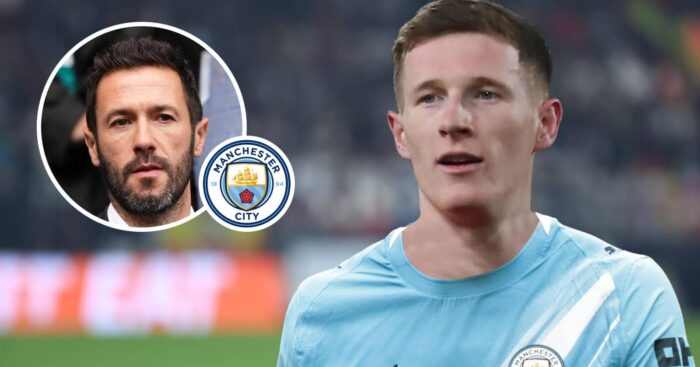 Nottingham Forest star Elliot Anderson with a Manchester City shirt Photoshopped on him and, inset, City's sporting director Hugo Viana next to the club badge