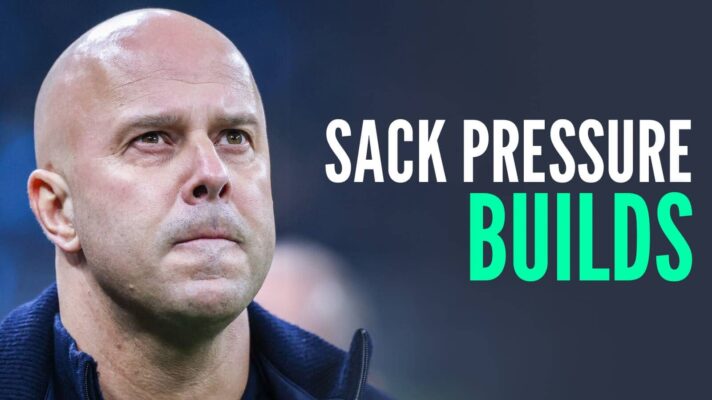 Liverpoool manager Arne Slot next to the words 'sack pressue builds'