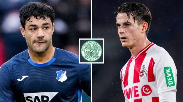 Hoffenheim's Ozan Kabak and FC Koln's Eric Martel, with a Celtic badge