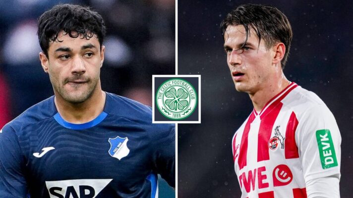 Hoffenheim's Ozan Kabak and FC Koln's Eric Martel, with a Celtic badge