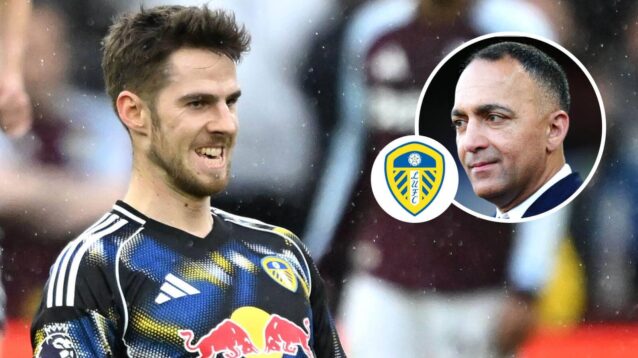 Leeds midfielder Anton Stach and, inset, chairman Paraag Marathe and the club badge