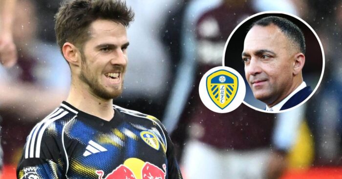 Leeds midfielder Anton Stach and, inset, chairman Paraag Marathe and the club badge