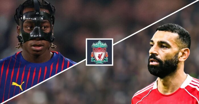 RB Leipzig winger Yan Diomande and Mohamed Salah either side of the Liverpool FC badge
