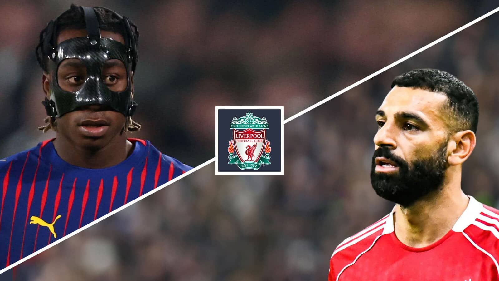 RB Leipzig winger Yan Diomande and Mohamed Salah either side of the Liverpool FC badge