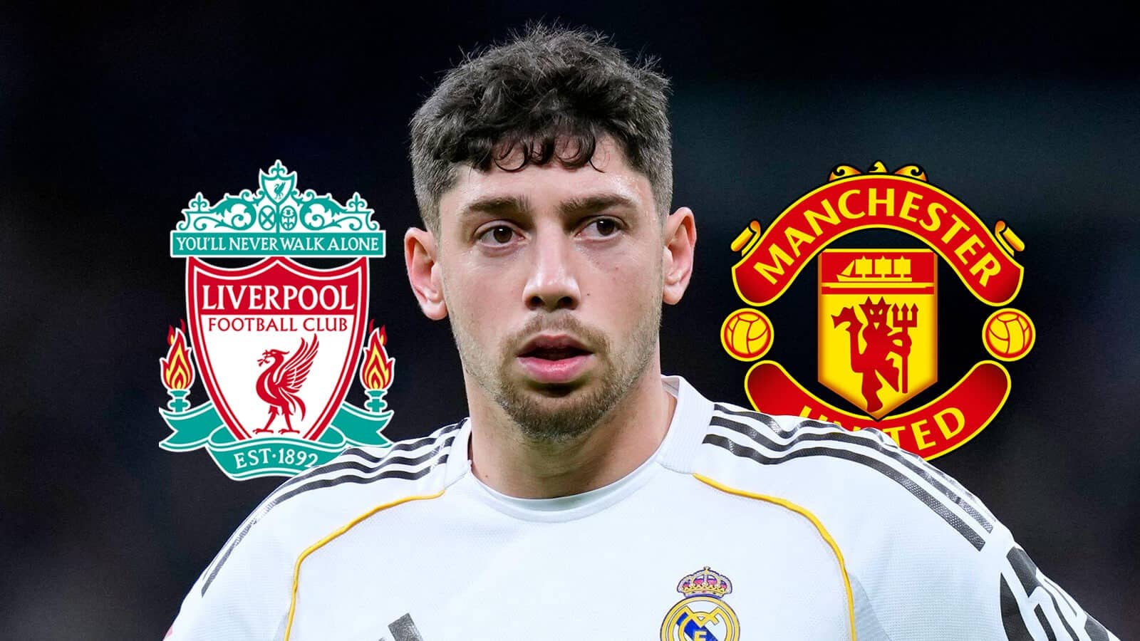 Federico Valverde with Liverpool and Man Utd badges