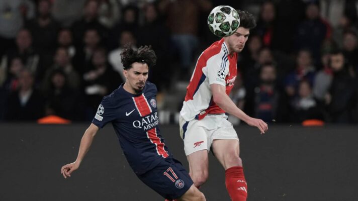 PSG midfielder Vitinha, Arsenal midfielder Declan Rice