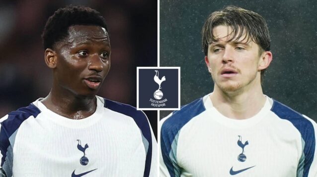 Tottenham Hotspur players Pape Sarr and Conor Gallagher next to the Tottenham Hotspur badge