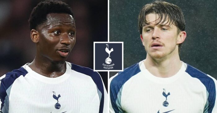 Tottenham Hotspur players Pape Sarr and Conor Gallagher next to the Tottenham Hotspur badge