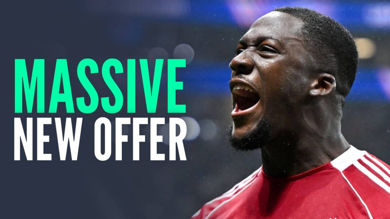 Liverpool defender Ibrahima Konate next to the words 'massive new offer'