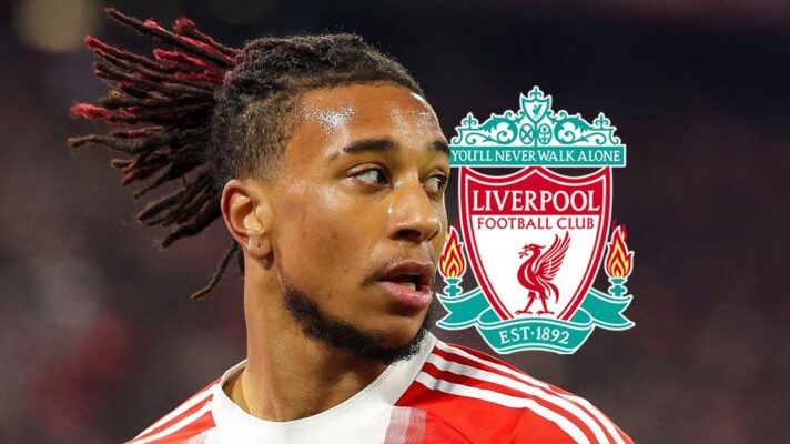 Michael Olise with Liverpool's badge.