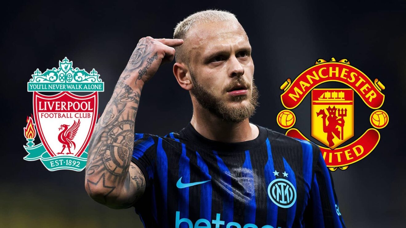 Liverpool badge, Inter Milan left-back Federico Dimarco and Manchester United badge - copyright TEAMtalk