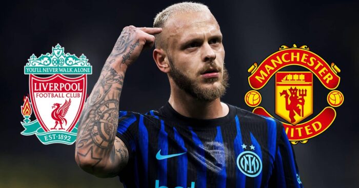 Liverpool badge, Inter Milan left-back Federico Dimarco and Manchester United badge - copyright TEAMtalk