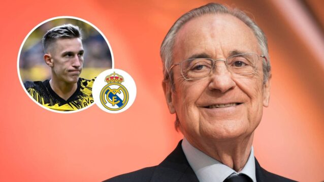 Real Madrid president Florentino Perez and, inset, Borussia Dortmund defender Nico Schlotterbeck next to the Real Madrid badge