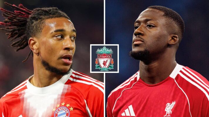 Michael Olise and Ibrahima Konate with a Liverpool badge