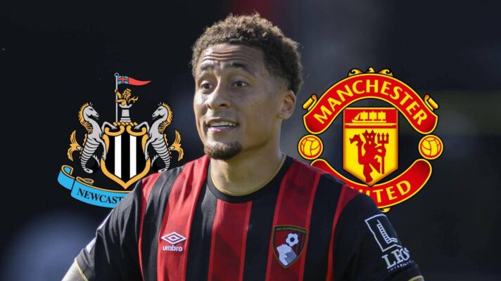 Marcus Tavernier with Newcastle and Man Utd badges