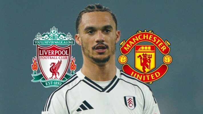 Liverpool badge, Fulham left-back Antonee Robinson and Manchester United badge - copyright