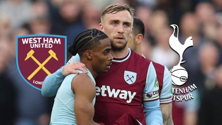 Crysencio Summerville, Jarrod Bowen with West Ham and Tottenham badges