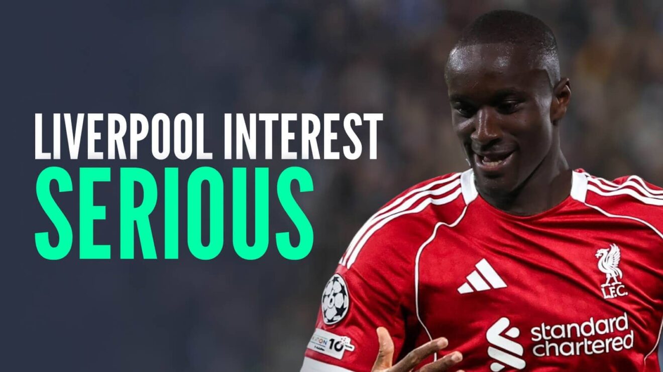 Al-Ittihad winger Moussa Diaby with a Liverpool shirt Photoshopped on him and the words 'Liverpool interest serious'