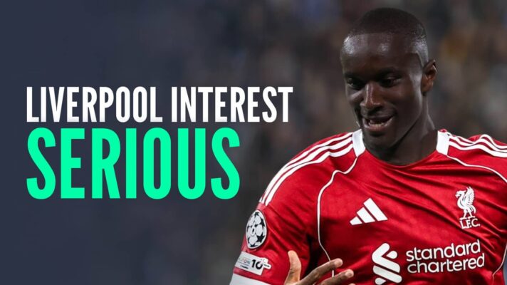 Al-Ittihad winger Moussa Diaby with a Liverpool shirt Photoshopped on him and the words 'Liverpool interest serious'