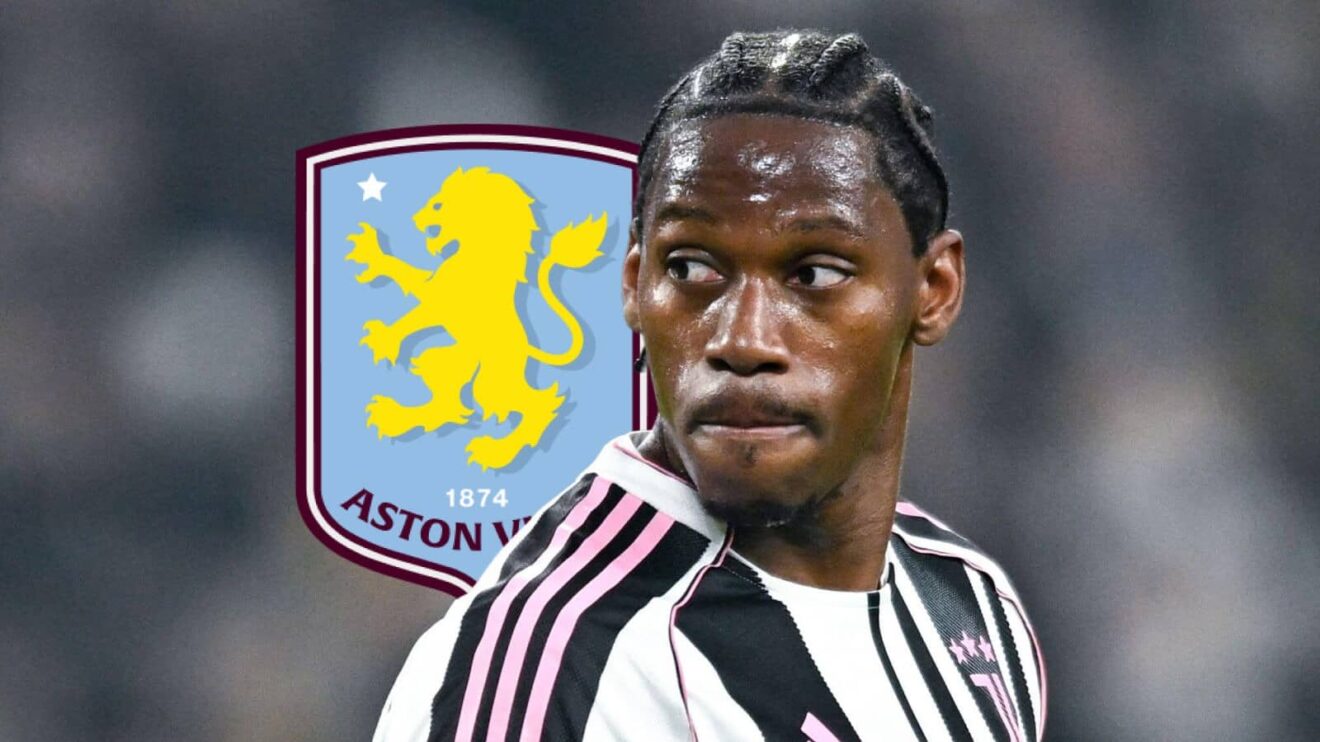 Juventus striker Jonathan David with Aston Villa badge