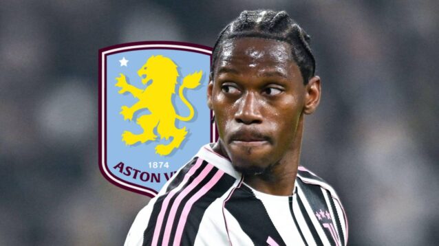 Juventus striker Jonathan David with Aston Villa badge