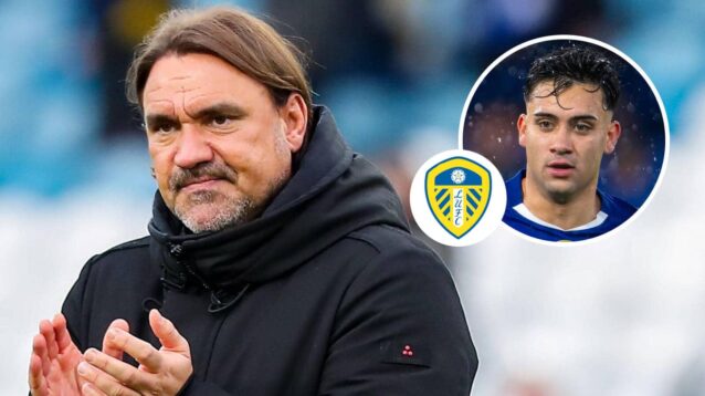 Leeds manager Daniel Farke and, inset, Whites loanee Facundo Buonanotte next to the Leeds United badge